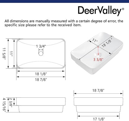 DeerValley 19" x 12" Semi-Recessed Ceramic Vessel Sink for Bathroom Vanity, Rectangular White Countertop Above Counter Basin with No Overflow Hole, Modern Bathroom Sink Bowl