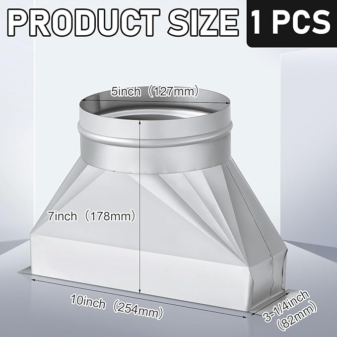 Tandefio 5" Dia Rectangular to Round Duct Transition 3-1/4" x 10" to 5" Galvanized Transition to Round HVAC Duct Adapter Microwave Vent Kit for Range Hood, Exhaust Vent