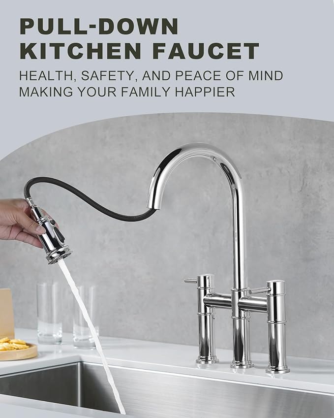 Bridge Faucet for Kitchen Sink: iVIGA Chrome Farmhouse 3 Hole Kitchen Faucet with Pull Down Sprayer (3 Spray Modes) - 2 Handle High Arc Brass Faucet with 360° Swivel, with Supply Lines