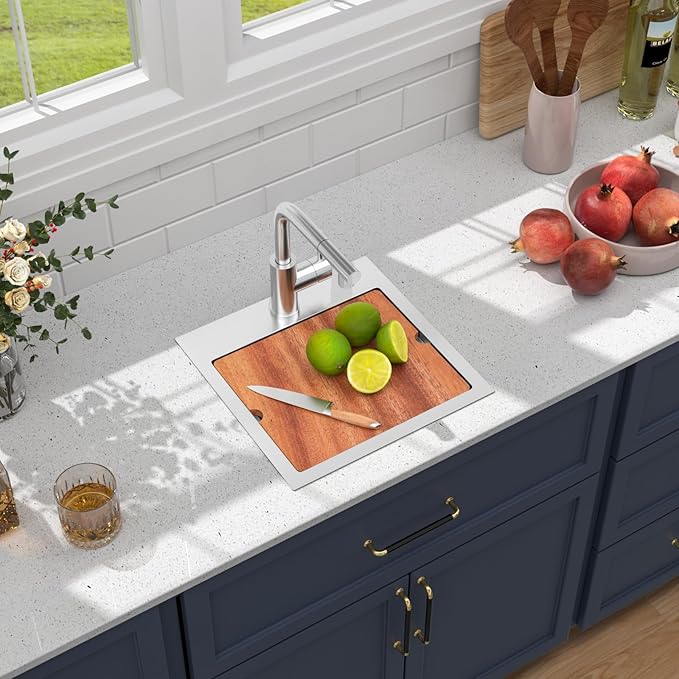 15 Outdoor Kitchen Sink with Faucet- Beslend 15X15 Drop In Outdoor Bar Sink with Pull-Out Faucet and Cover, 16 Gauge Stainless Steel Kitchen Sinks Workstation Single Bowl Above Counter Indoor Outdoor