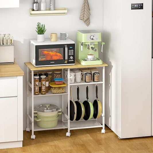 ThreeHio Kitchen Microwave Cart, Microwave Stand with Adjustable Shelf, Coffee Bar Stand Kitchen Baker's Rack with Wheels Rolling Storage Cart Organizer Shelf for Living Room, Office, Balcony