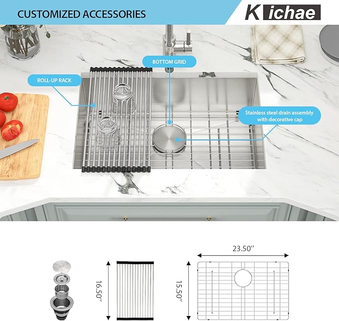Kichae 26 Inch Undermount Kitchen Sink Single Bowl Stainless Steel Kitchen Sink 26" Under Mount Round Corner Deep Basin 26x18x9 Inch
