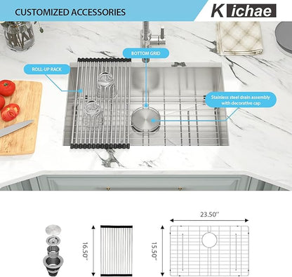 Kichae 26 Inch Undermount Kitchen Sink Single Bowl Stainless Steel Kitchen Sink 26" Under Mount Round Corner Deep Basin 26x18x9 Inch