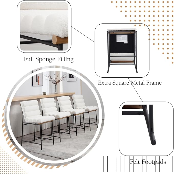 White Boucle Bar stools Set of 4, 25” Modern Upholstered Counter stools with Black Metal Legs, Sherpa Counter Height Chairs for Kitchen Island Armless Stool with Channel Tufted Back