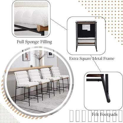White Boucle Bar stools Set of 4, 25” Modern Upholstered Counter stools with Black Metal Legs, Sherpa Counter Height Chairs for Kitchen Island Armless Stool with Channel Tufted Back