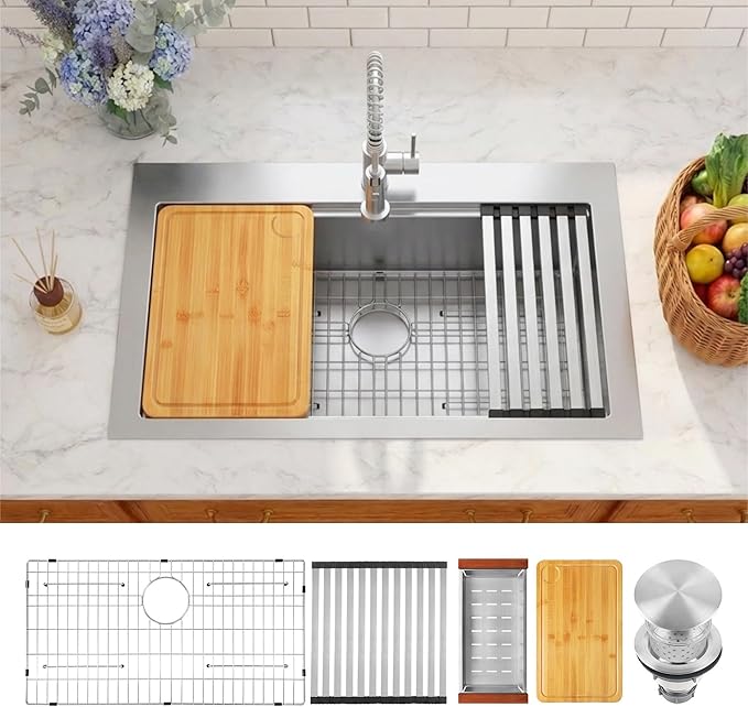 Drop In Kitchen Sink 33" X 22",Top Mount 16 Gauge Stainless Steel Workstation Sink,Deep & Large Single Bowl Kitchen Sinks