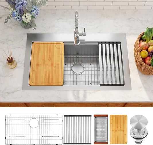 Drop In Kitchen Sink 33" X 22",Top Mount 16 Gauge Stainless Steel Workstation Sink,Deep & Large Single Bowl Kitchen Sinks