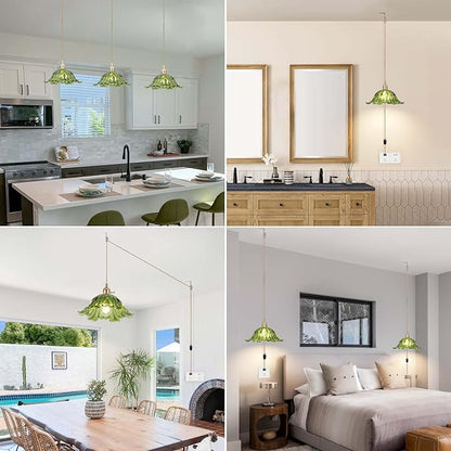 Plug in Pendant Light Fixtures,Hanging Light Fixture Corded On/Off Switch,11 inch E26 Green Glass Lampshade Pendant Lighting for Kitchen Island, Bedroom, Dining Room