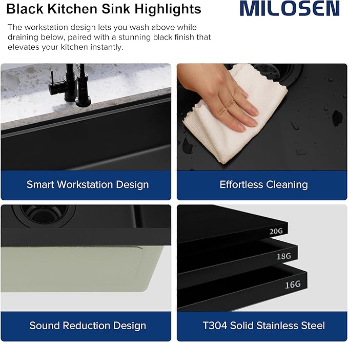 MILOSEN Black Undermount Kitchen Sink, 30x18 Inch T304 Black Stainless Steel Workstation Sink, 9 Inch Deep Single Bowl Kitchen Sink with Bottom Grid and Strainer, Modern Large Kitchen Sink