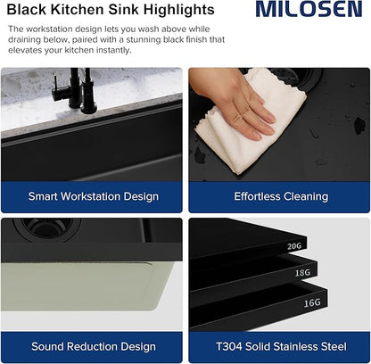 MILOSEN Black Undermount Kitchen Sink, 30x18 Inch T304 Black Stainless Steel Workstation Sink, 9 Inch Deep Single Bowl Kitchen Sink with Bottom Grid and Strainer, Modern Large Kitchen Sink