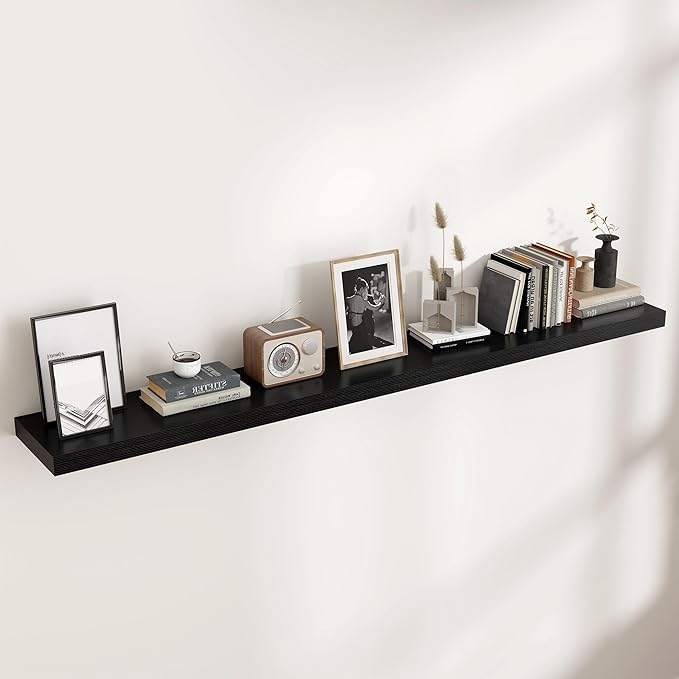 Venusmiles Floating Shelves for Wall, Engineered Wood Wall Shelves with Invisible Brackets for Living Room Bedroom Bathroom Office Kitchen Decor and Storage (Black, 72" W x 9" D x 1.5" H) Set of 1
