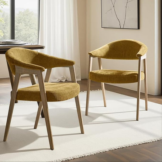 HULALA HOME Dining Chairs with Arm Set of 2, Mid-Century Modern Upholstered Kitchen Dining Room Chair with Solid Wood Legs & Curved Backtrst, Armchairs Accent Chairs for Living Room - Golden