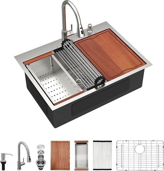Dcolora 30 In. Drop In Kitchen Sink With Faucet Topmount Single Bowl Sink Workstation Stainless Steel Overmount Basin 30"×22"×10", DC-SFDOE00125