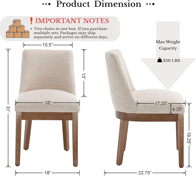 HNY Modern Dining Chairs Set of 2 with Comfortable Back Support, Farmhouse Soft Linen Upholstered Kitchen Dining Room Chairs with Solid Wood Legs, Armless Accent Side Chairs for Living Room, Beige
