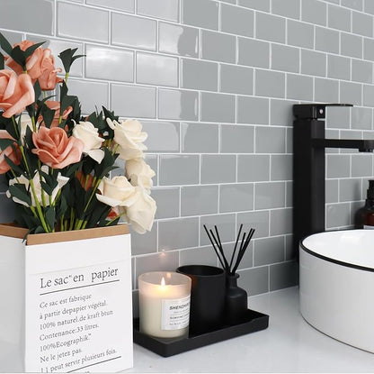 STICKGOO 10-Sheet Subway Tiles Self Adhesive Kitchen Splashbacks, Peel and Stick Wall Tile Stickers, Stick on Tiles Splashback (Light Grey, Thicker Design)
