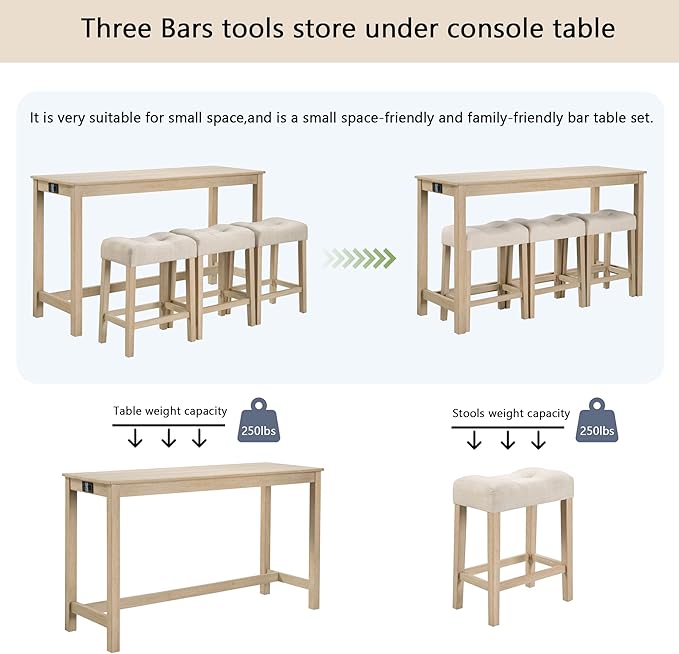 4-Piece Wooden Counter-Table Set with Power Outlet, Industrial Kitchen Dining Tables with 3 Upholstered Stools, 59 Inch Farmhouse Bar Table Chairs w/USB and Type-C Ports, Light Oak