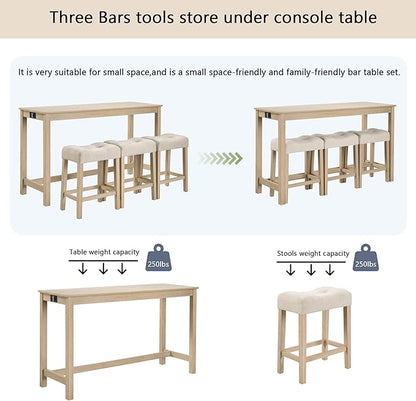 4-Piece Wooden Counter-Table Set with Power Outlet, Industrial Kitchen Dining Tables with 3 Upholstered Stools, 59 Inch Farmhouse Bar Table Chairs w/USB and Type-C Ports, Light Oak