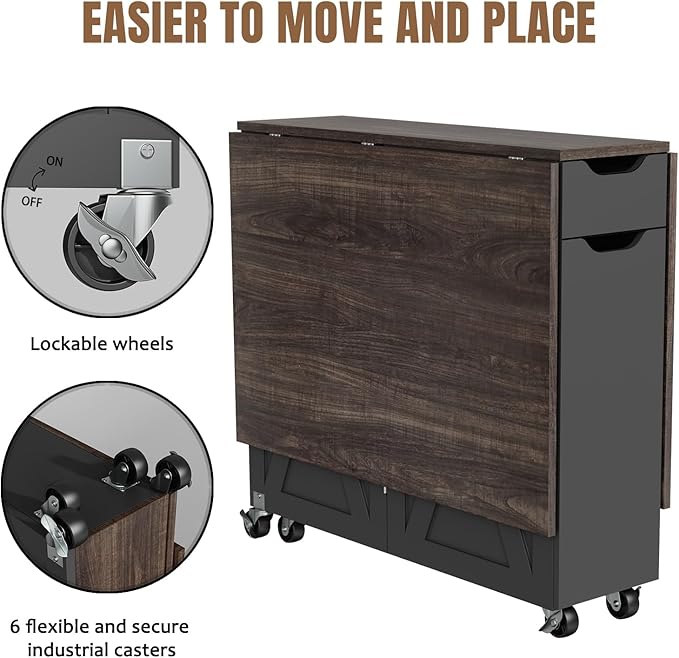 3imothrix Folding Dining Table, Small Dining Table, Space Saving Dining Table with 6 Wheels, Kitchen Table Sewing Table for Small Spaces (Black Dark Brown)