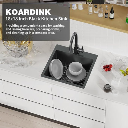 Black Kitchen And Bar Sink, 18x18 Inch Stainless Steel Drop In Modern Single Bowl Small Kitchen And Bar Sink Combo-SS Grid,Silicon Mat,Drain Strainer Set Compatibility With Modern&Classic Style