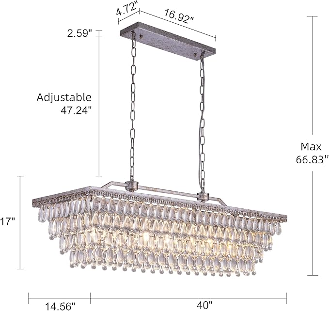 Wellmet Dining Room Crystal Chandelier, 40 Inch Antique Silver Rectangle Chandeliers 7 Lights 4 Tiers Farmhouse Ceiling Hanging Light, Vintage Large Light Fixtures for Kitchen Island, Living Room