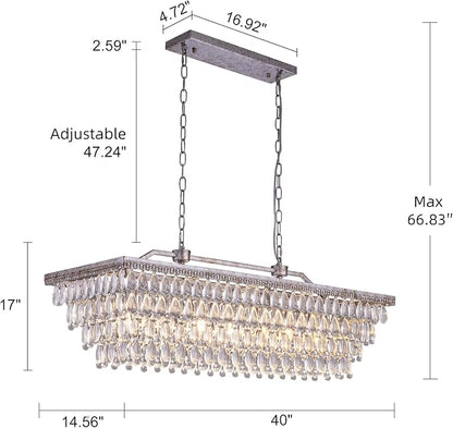 Wellmet Dining Room Crystal Chandelier, 40 Inch Antique Silver Rectangle Chandeliers 7 Lights 4 Tiers Farmhouse Ceiling Hanging Light, Vintage Large Light Fixtures for Kitchen Island, Living Room