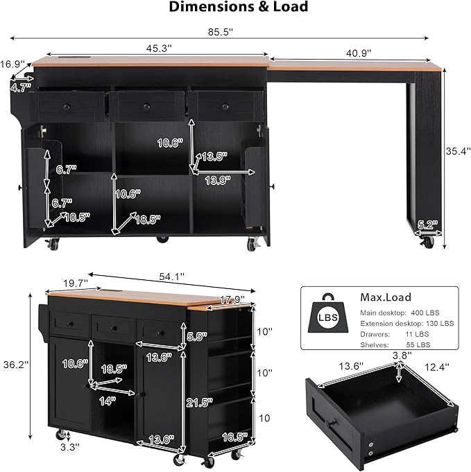 Polibi 85.5" Rolling Kitchen Island with Extendable Dining Table, 3 Drawers, 2 Doors, 3-Tier Open Shelves, Power Outlet, Mobile Cart with Wheels for Kitchen Storage, Black