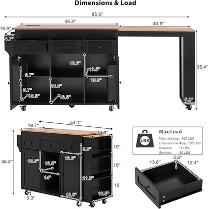 Polibi 85.5" Rolling Kitchen Island with Extendable Dining Table, 3 Drawers, 2 Doors, 3-Tier Open Shelves, Power Outlet, Mobile Cart with Wheels for Kitchen Storage, Black