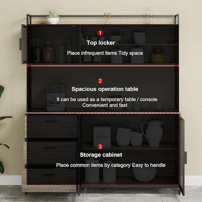 AGOTENI Large Kitchen Hutch Cabinet, Storage Cupboard Pantry with 3 Metal Doors, 3 Drawers & Microwave Shelf, for Kitchen Open Storage, Walnut (59" W x 15.7" D x 68.5" H)