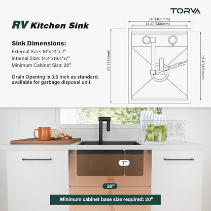 TORVA RV Kitchen Sink, 16 x 21 x 7 Inch Undermount Bar Sink 16 Gauge Stainless Steel Single Bowl Sink with Foldable Faucet Cutting Board, Dark Grey