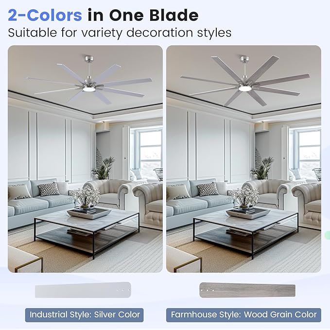 Newday 72 inch Large Ceiling Fans with Lights and Remote, Indoor/Outdoor Brushed Nickel Ceiling Fan for Living Room Patio, 6 Speeds Slient Reversible DC Motor, 3CCT, Timer, 3 Downrods, 8 Blades