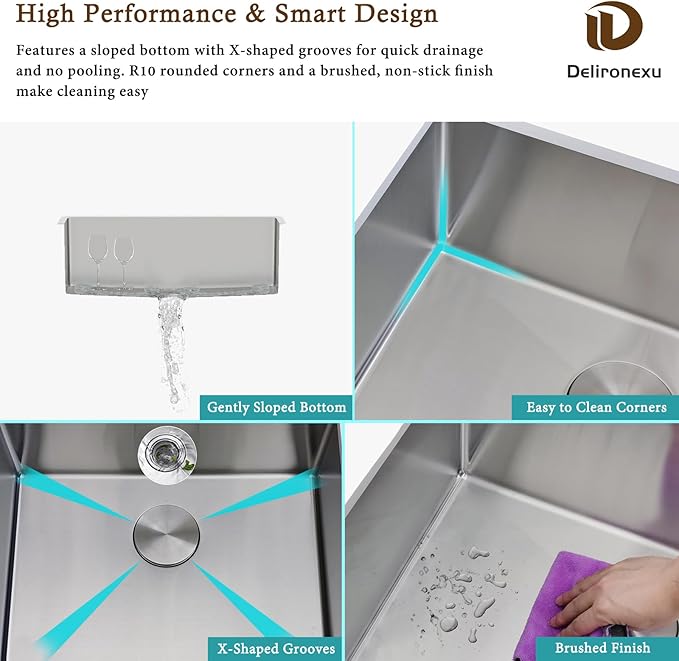23 Inch Undermount Kitchen Sink - Delironexu 18 Gauge Stainless Steel Kitchen Sink, 23"x18" Single Bowl kitchen Sinks with Brushed Finish, Ideal for Bar Sinks, and RV sink
