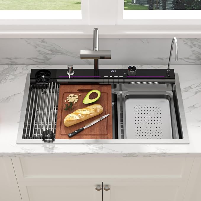 Sarlai Waterfall Kitchen Sink 33 Inch - Drop In Kitchen Sink 33x19 Inch Workstation Waterfall Smart Sinks Single Bowl 16 Gauge Stainless Steel Multifunction Topmount Sinks Basin with Faucet Combo