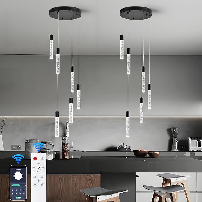 6 Light Pendant Lights Kitchen Island,Modern LED Bubble Crystal Pendants with Dimmable 3000K-6000K Ceiling Hanging Light Fixture for Dining Room Bedroom,Matte Black Finish,Adjustable Height 78"