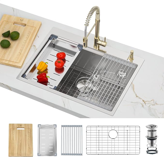 27 Inch Workstation Kitchen Sink 16 Gauge Stainless Steel Drop-In Topmount Single Bowl Kitchen Sink (27"X22"X10")