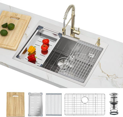 27 Inch Workstation Kitchen Sink 16 Gauge Stainless Steel Drop-In Topmount Single Bowl Kitchen Sink (27"X22"X10")