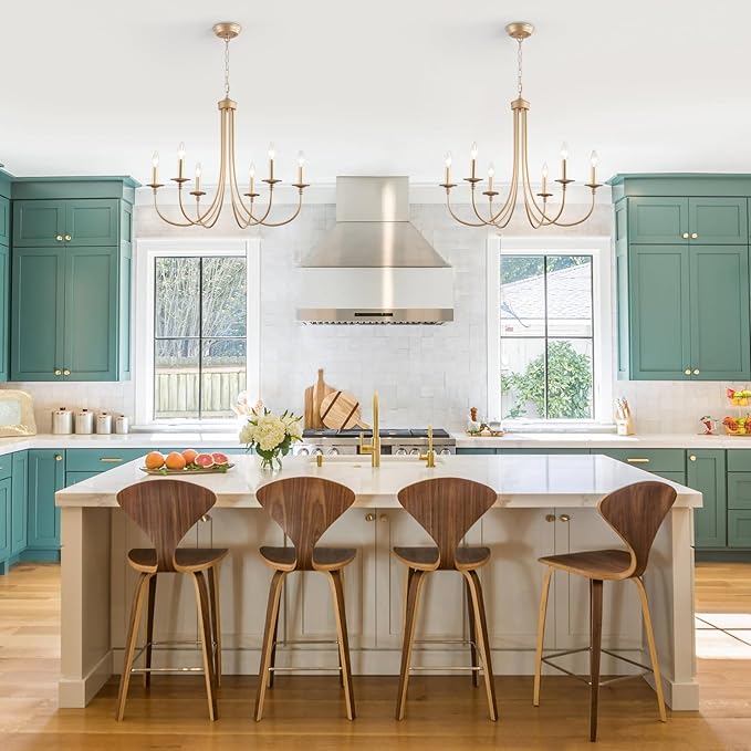 ALISADABOY Gold Farmhouse Chandelier Modern Candlestick Dining Chandelier Light Fixture Industrial 6 Light Pendant Lighting for Kitchen Living Room Bedroom Foyer Entrance Hallway Entryway