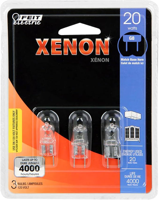 Feit Electric 20-Watt Xenon Halogen Light Bulb,Dimmable,3000K Bright White,G8 Bi-Pin Base,170 Lumens,90+ CRI,Cool & Long-Lasting for Under Cabinet,Accent,Display & Task Lighting,3 Count (Pack of 12)