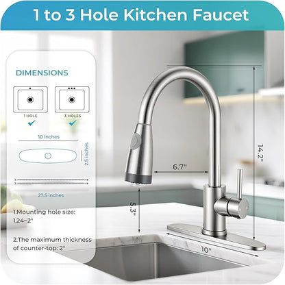 LED Kitchen Faucet with Pull Down Sprayer - Brushed Nickel Single Handle Kitchen Faucets, High Arc Stainless Steel Pull Out Kitchen Sink Faucet with Deck for RV Laundry Farmhouse Bar