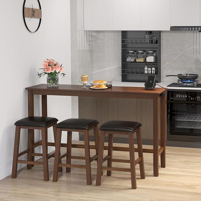 Giantex Dining Table Set, Kitchen Table Set, 4-Piece Counter Height Dining Set with 3 Upholstered Stools, Power Socket, Bar Table and Chairs Set for Small Space, Living Room, Dining Room Table Set
