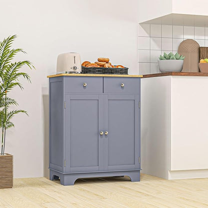 HOMCOM Sideboard Buffet Cabinet with Solid Wood Countertop, Modern Kitchen Storage Cabinet, Coffee Bar Cabinet with 2 Drawers, Doors and Adjustable Shelf, Gray