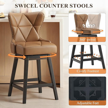 MALOL Swivel Bar Stool, PU Leather Mid Century Mondern Barstool, 26 inch Counter Height Bar Chair with Solid Back and Wood Legs, for Kitchen Island，Brown