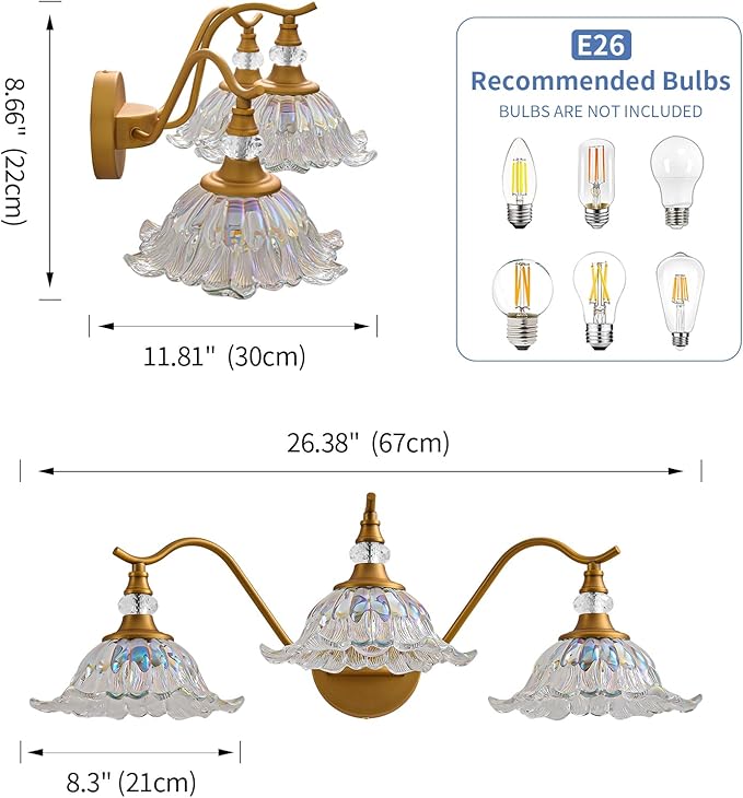 Vintage Bathroom Vanity Light Fixtures - 3 Light Iridescent Flower Glass Antique Brass Bathroom Lights Fixture Over Mirror,Retro Brushed Gold Bronze Wall-Mounted Vanity Lighting for Powder Room