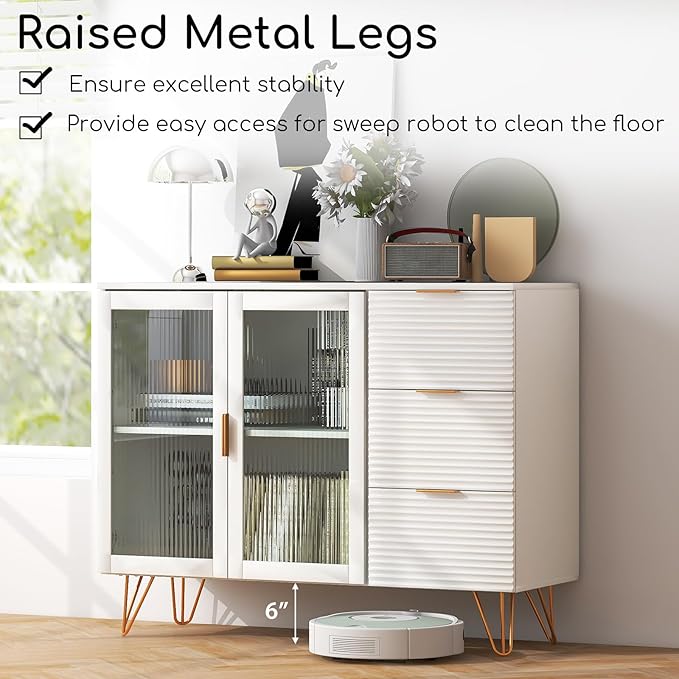Giantex Buffet Cabinet with Storage, Modern Sideboard with 2 Doors & 3 Drawers, Freestanding Kitchen Cupboard with Solid Metal Legs, Coffee Bar Cabinet with Storage for Living Room, White