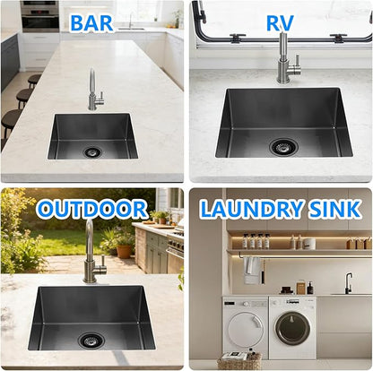 PEPO 23 Inch Undermount Kitchen Sink Black 23x18 Inch 16 Gauge Gunmetal Black Stainless Steel Single Bowl Bar Prep Sink for Outdoor Kitchen
