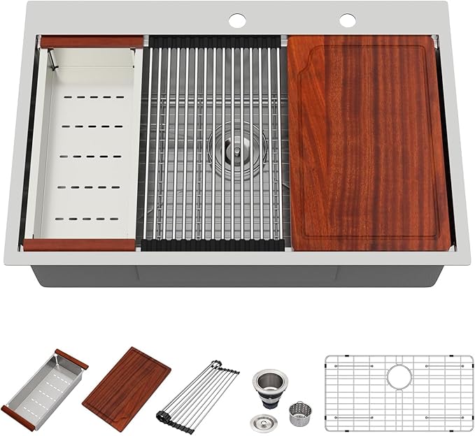 33 Inch Drop In Kitchen Sink Workstation - Beslend 16 Gauge T304 stainless Steel Drop In Sink 33x22 Single Bowl Top Mount Over Counter Handmade Kitchen Basin 33x22x10 Inch
