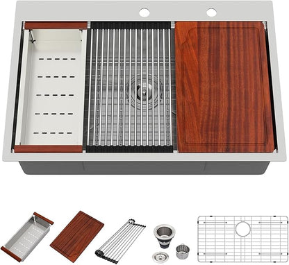 33 Inch Drop In Kitchen Sink Workstation - Beslend 16 Gauge T304 stainless Steel Drop In Sink 33x22 Single Bowl Top Mount Over Counter Handmade Kitchen Basin 33x22x10 Inch