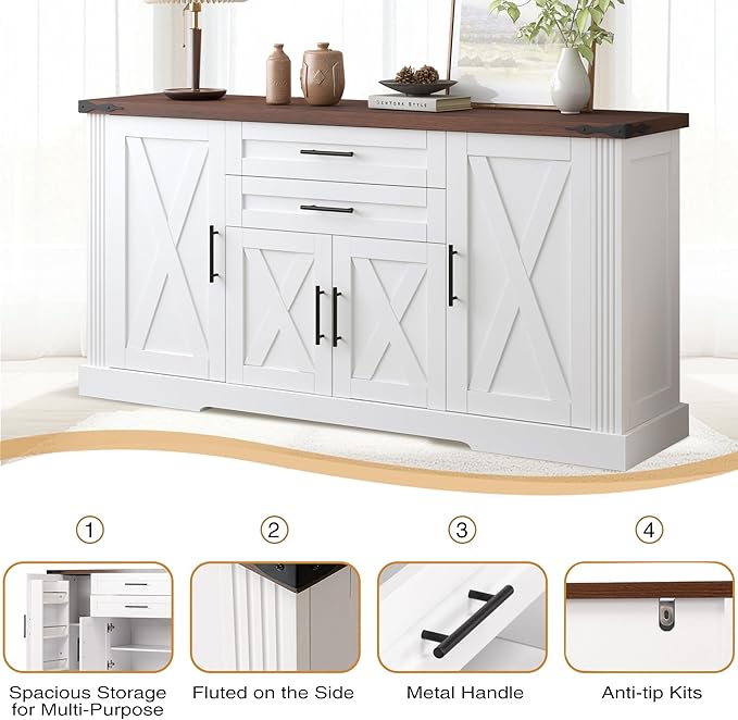 Buffet Cabinet with Storage, 63" Large Sideboard Storage Cabinet with Drawer, 4 Doors and Shelves, Modern Farmhouse Coffee Bar Table Kitchen Island Credenza for Kitchen, Dining, Living Room (White)