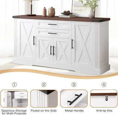 Buffet Cabinet with Storage, 63" Large Sideboard Storage Cabinet with Drawer, 4 Doors and Shelves, Modern Farmhouse Coffee Bar Table Kitchen Island Credenza for Kitchen, Dining, Living Room (White)