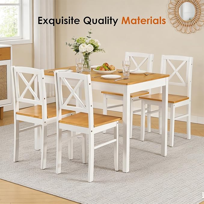 Majnesvon 5 Piece Dining Table Set for 4, Farmhouse Kitchen Table Set with Chairs, Wood Dining Table Chair for Kitchen, Restaurant, Apartment (Ancient White)