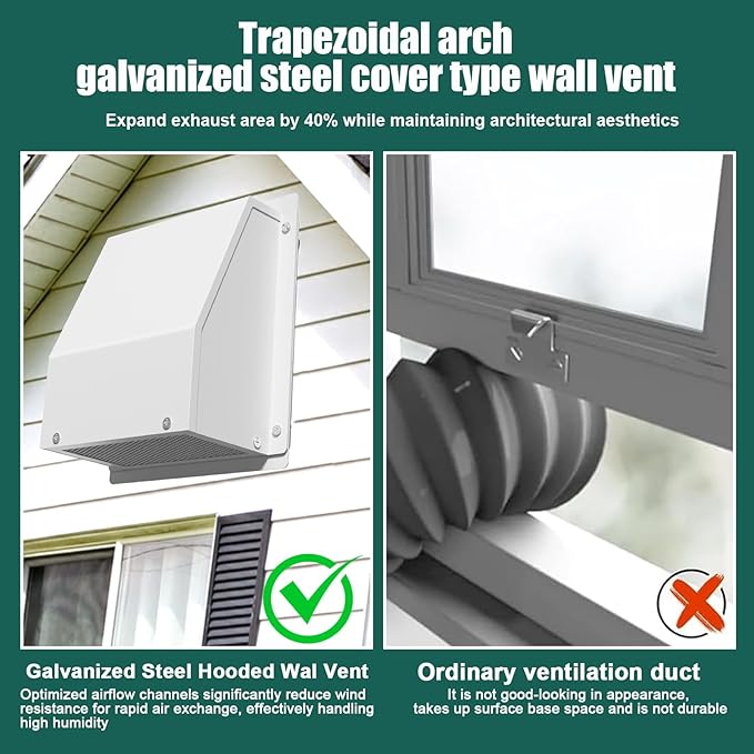 8 Inch Hooded Wall Vent Cover with Screen and Damper, Outdoor Wall Exhaust Vent Cover Wall Cap for Exterior Kitchen Range Hood Ventilation Dryer HVAC Duct Air Exhaust, Galvanized Steel - White